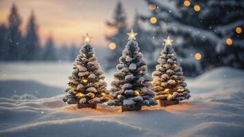 Snowy Christmas Trees with Lights Winter Landscape Festive Holiday Scene photo