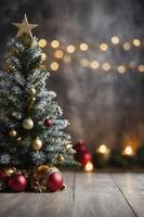 Decorated Christmas Tree with Ornaments, Star and Bokeh Lights Background photo