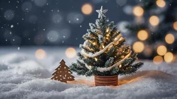 Festive Christmas Tree in Snow with Bokeh Lights and Wooden Ornament photo