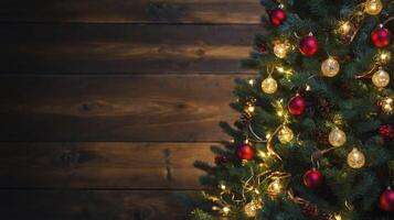 Decorated Christmas Tree with Red Ornaments and Lights Against Wood Background photo