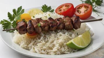 Grilled Meat Skewer with Rice Tomatoes and Lime on White Plate photo
