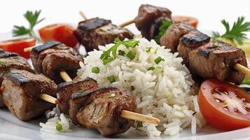 A la parrilla carne brochetas con blanco arroz y tomate ensalada plato foto