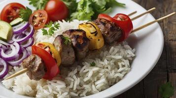 Delicious Grilled Meat Kebabs with Rice and Fresh Vegetable Salad photo
