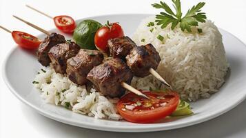 Grilled Meat Skewers Served with White Rice and Fresh Vegetables photo