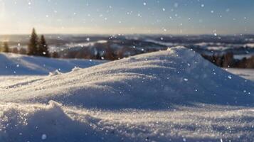 Snow Covered Hillside Landscape with Soft Sunlight and Falling Snowflakes photo