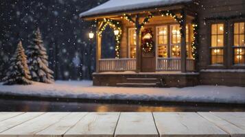 Winter Home Scene with Christmas Decorations and Wooden Tabletop Foreground photo
