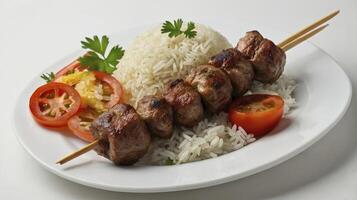A la parrilla carne brocheta servido con blanco arroz y rebanado Tomates foto