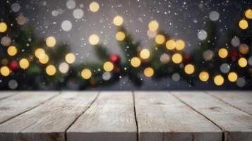 Festive Christmas Background with Wooden Table and Bokeh Lights Snow Falling photo