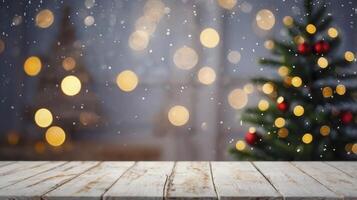 Christmas Tree with Lights and Snow Falling Over Rustic Wooden Table photo
