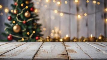 Festive Christmas Tree Scene with Wooden Table and Twinkling Lights photo