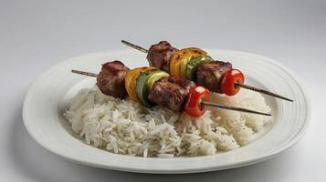 Serving Grilled Meat Skewers with Colorful Vegetables on Bed of Rice photo