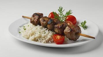 Serving of Grilled Meat Skewer with Rice and Tomatoes on Plate photo