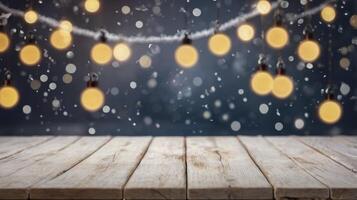 Festive Lights and Snow Flurries with Wooden Table Product Display photo