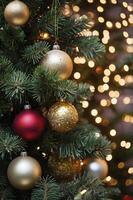 Decorated Christmas Tree with Gold and Red Ornaments and Bokeh Lights photo
