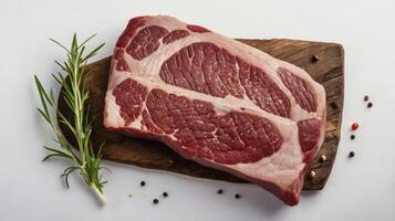 Raw Pork Shoulder on Wood Board with Rosemary and Peppercorns photo