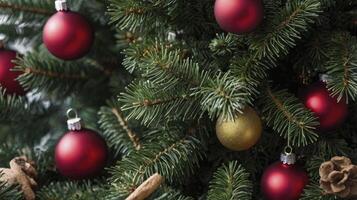 Decorating Christmas Tree with Red and Golden Baubles and Pine Cones photo