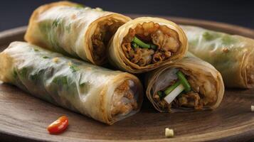 Delicious Spring Rolls with Vegetables and Shrimp on Wooden Plate Close Up photo