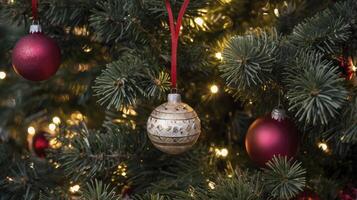 Hanging Christmas Ornaments on Tree with Lights for Holiday Celebration photo