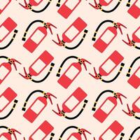 Fire extinguisher seamless pattern. Red extinguisher in clip art style on a beige background. illustration for World Firefighters Day vector
