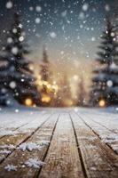 Snow Falling on Wooden Deck with Forest and Lights Background photo