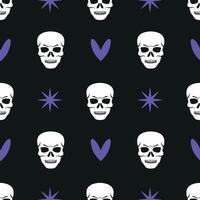 Skull, heart and stars seamless pattern. World goth day, rock day background. Gloomy illustration for wrapping paper, packaging, fabric, cover vector