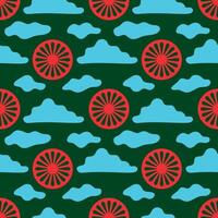International Roma Day seamless pattern. Red wheel and clouds on a green background. Roma symbol, sign. Holiday illustration for wrapping paper, fabric, card vector