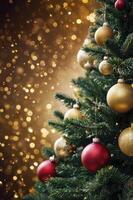 Decorated Christmas Tree with Ornaments and Bokeh Lights Background photo