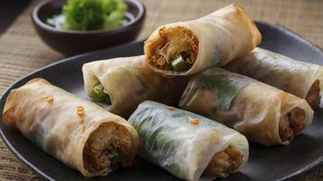 Serving of Fresh Spring Rolls on Plate with Vegetable Garnish photo