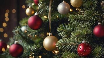 Decorating Christmas Tree with Colorful Ornaments and Festive Glowing Lights photo