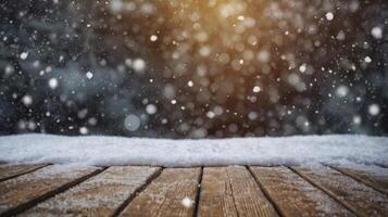 Falling Snow on Wooden Deck with Winter Bokeh Background Scene photo