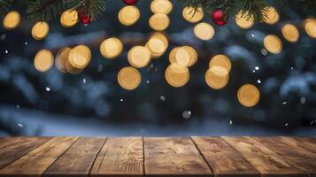 Festive Christmas Background with Wooden Table and Bokeh Lights Effect photo