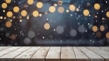 Winter Background with Wooden Surface Snow Falling and Festive Golden Lights photo