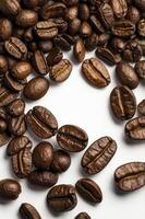 Scattered Coffee Beans Close Up on White Surface for Drink Ad photo