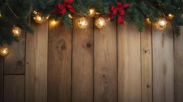 Christmas Garland with Lights and Red Bows on Rustic Wood Background photo