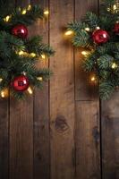 Festive Christmas Ornaments and Lights on Rustic Wood Background photo