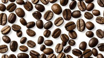Scattered Roasted Coffee Beans on White Background Representing Coffee Culture photo