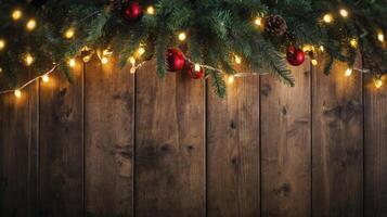Christmas Decoration with Pine Branches, Red Ornaments, and String Lights on Wood photo