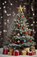 Decorated Christmas Tree with Star Topper and Wrapped Gifts Presents photo