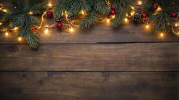 Christmas Garland with Lights on Wood for Holiday Background or Card photo