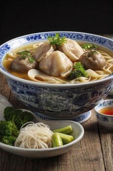 Dumpling Soup with Noodles and Vegetables in Blue Patterned Bowl photo