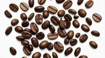 Scattered Coffee Beans Close Up on White Background for Food Concepts photo