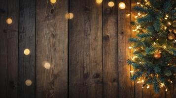 Festive Christmas Tree with Golden Lights on Rustic Wooden Background photo