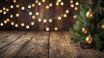 Christmas Tree on Rustic Wood with Warm Lights Holiday Background photo