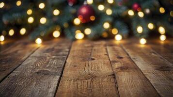 Festive Christmas Tree and Lights with Rustic Wood Table Background photo