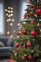Decorated Christmas Tree with Red Ornaments and Warm Lights in Living Room photo