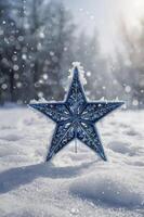 Snowy Winter Scene with Blue Star Ornament in Fresh Snowfall photo