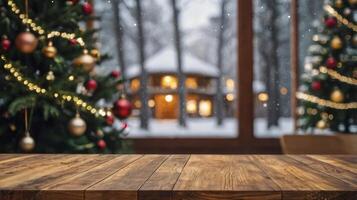 Christmas Scene with Wood Table Overlayed on Window with Snow and Trees photo
