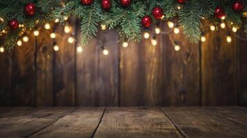 Festive Christmas Decoration with Lights and Ornaments on Wooden Background photo