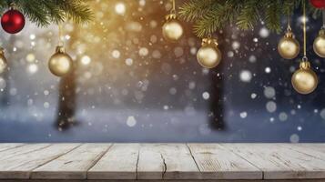 Christmas Ornaments Hanging Over Wooden Table in Winter Snowy Background photo