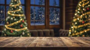 Christmas Decorations and Presents Background with Wooden Table and Trees photo